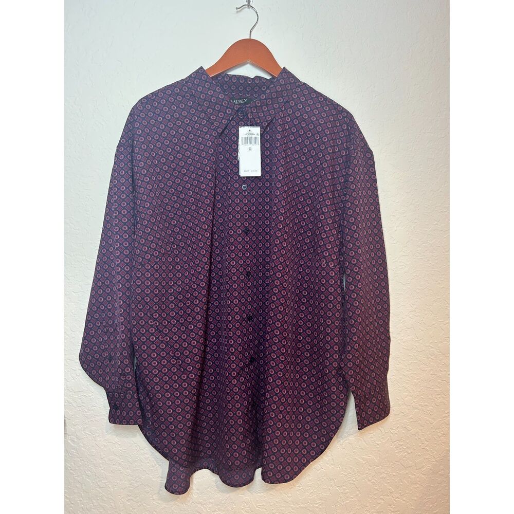 Lauren Ralph Lauren 2X Navy Geometric Print Button Front Blouse NWT